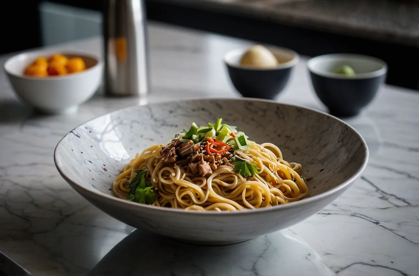 Noodle dish served in a bowl, warm and full of savory flavor.
