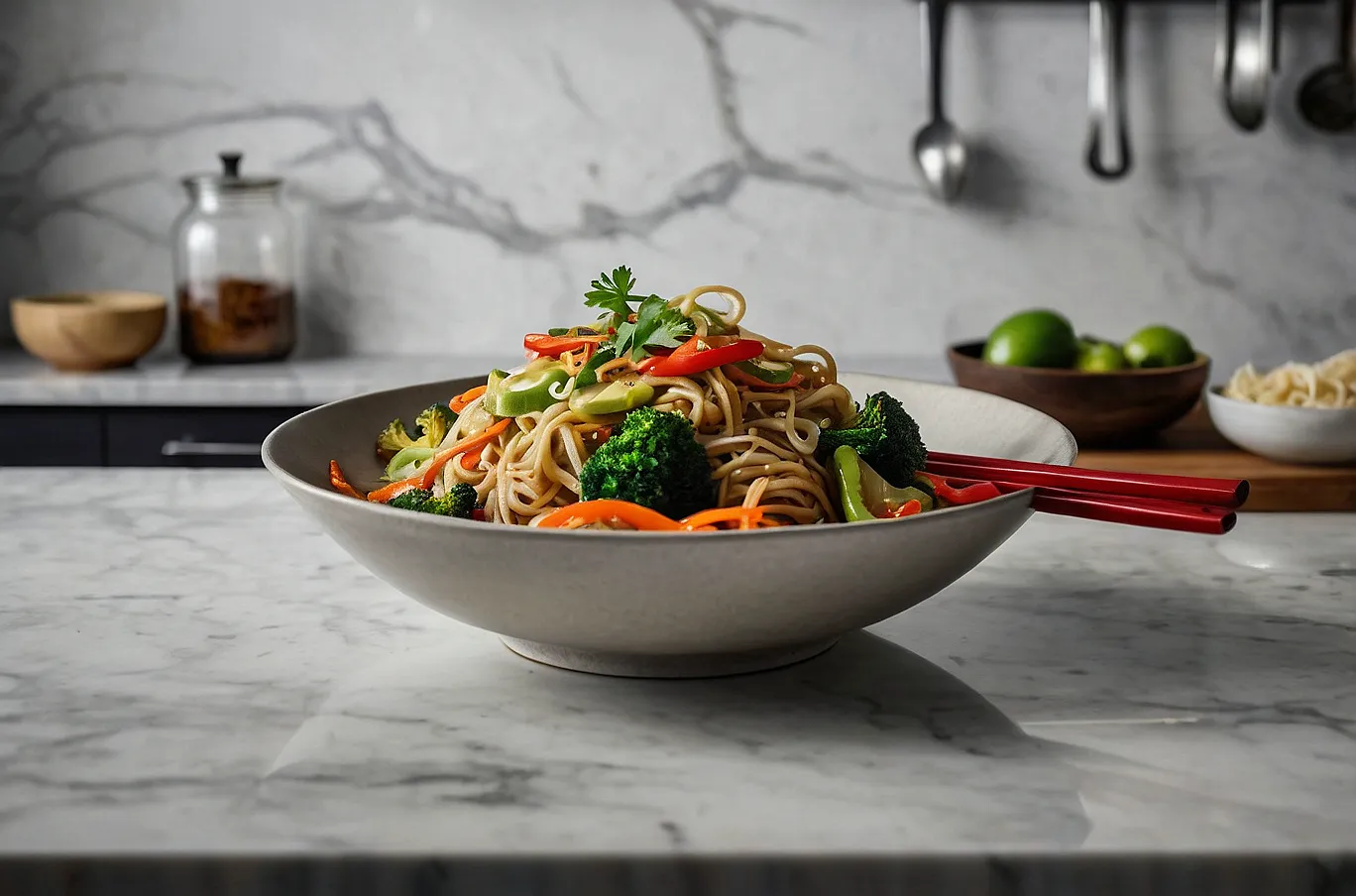A bowl of stir-fry noodles with vibrant veggies and savory flavor.