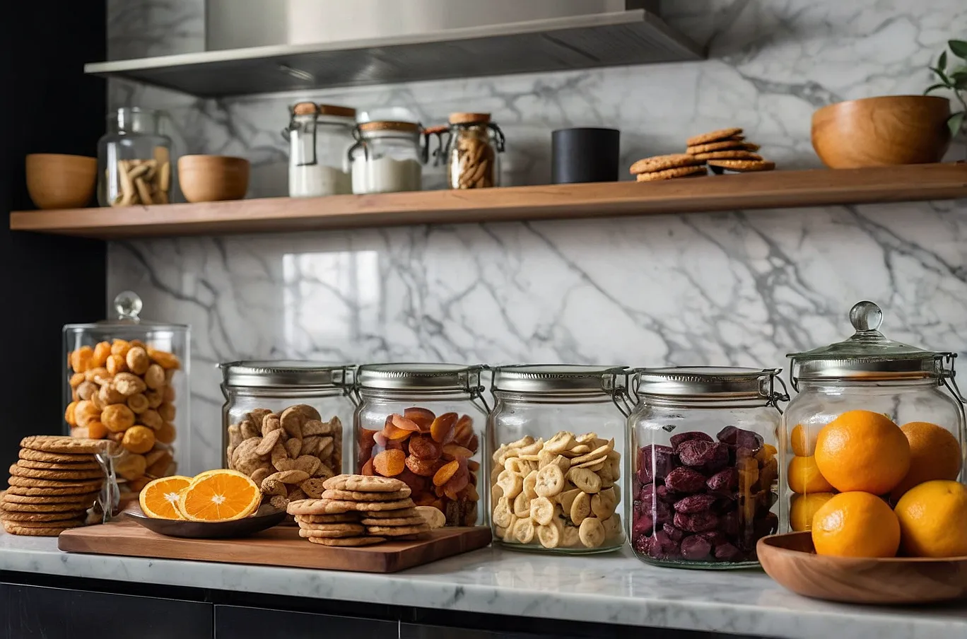 A shelf stocked with dried fruit, crackers, homemade cookies, and assorted snacks and fruits.