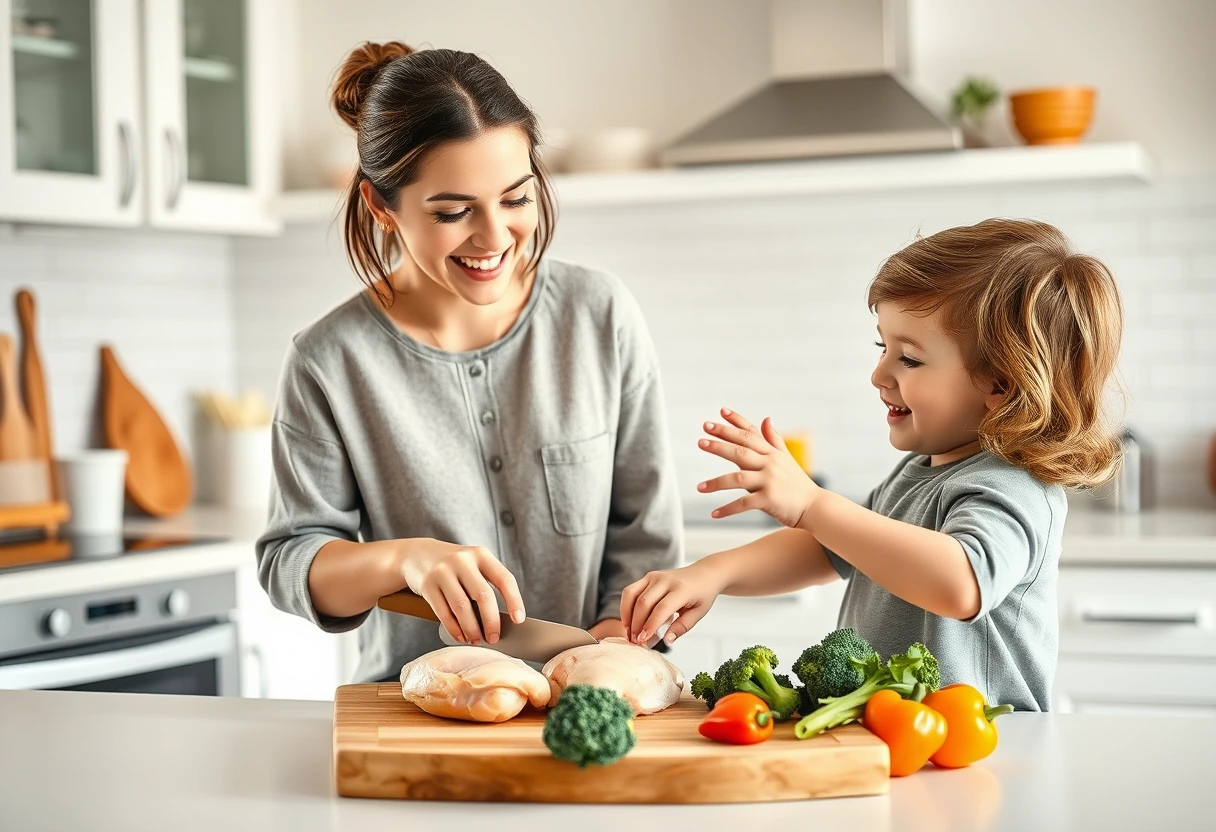 A busy mom in a bright, modern kitchen, smiling as she quickly preps chicken for dinner with her young child playfully nearby. The scene emphasizes ease and happiness.