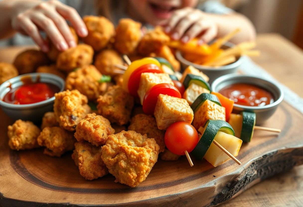 A family table filled with colorful, appealing sheet pan chicken and roasted vegetables, with children happily reaching for servings. Bright, inviting lighting highlights the wholesome food.