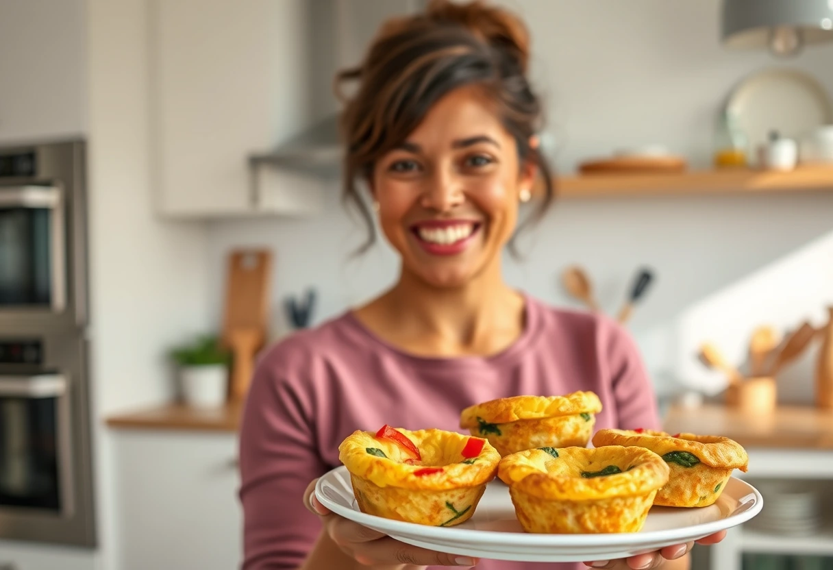 A busy mom smiling while holding a plate of golden-brown kid-friendly egg recipes that were quickly prepped, with colorful bell peppers and spinach visible in the egg muffins. The kitchen is bright and modern, suggesting ease and efficiency.