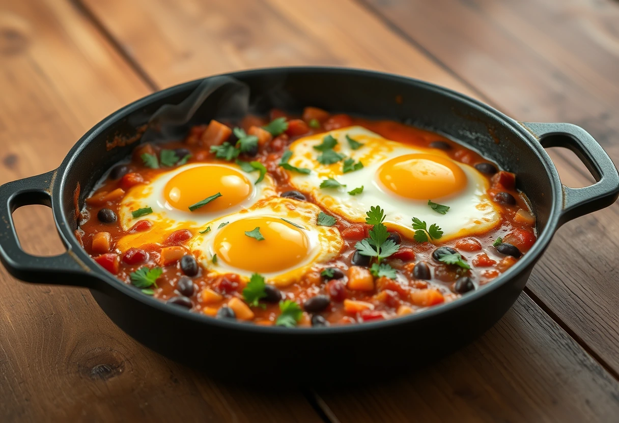 A close-up shot of a steaming, vibrant one-pan Kid-Friendly Egg Recipes Busy Moms Can Quickly Prep, specifically a Huevos Rancheros bake, featuring sunny-side-up eggs nestled in a rich tomato and black bean sauce, garnished with fresh cilantro, ready to be served.