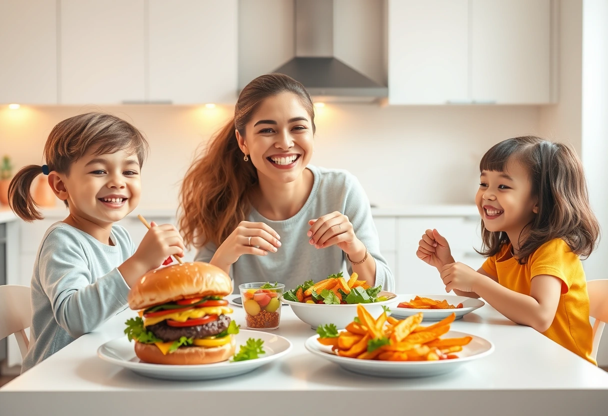 A busy mom and her two young kids happily eating a colorful, kid-friendly vegetarian meal at a kitchen table, showcasing a relaxed and joyful family dinner scene. The table is set with simple, appealing dishes like veggie burgers and sweet potato fries.