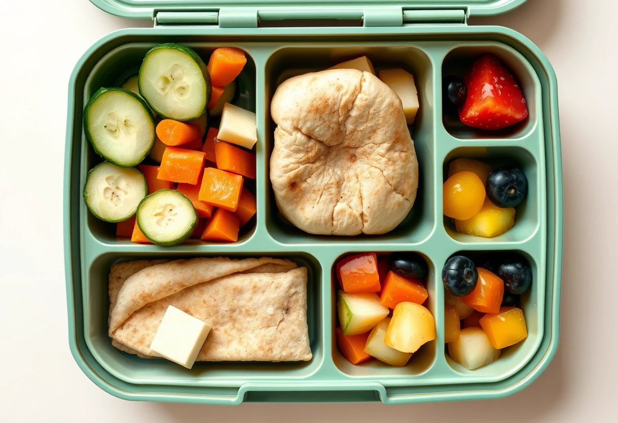 A child's lunchbox filled with colorful kid-friendly vegetarian meal components like cucumber slices, carrot sticks, mini cheese cubes, a small pita bread, and a vibrant fruit salad, illustrating a healthy and appealing packed lunch.