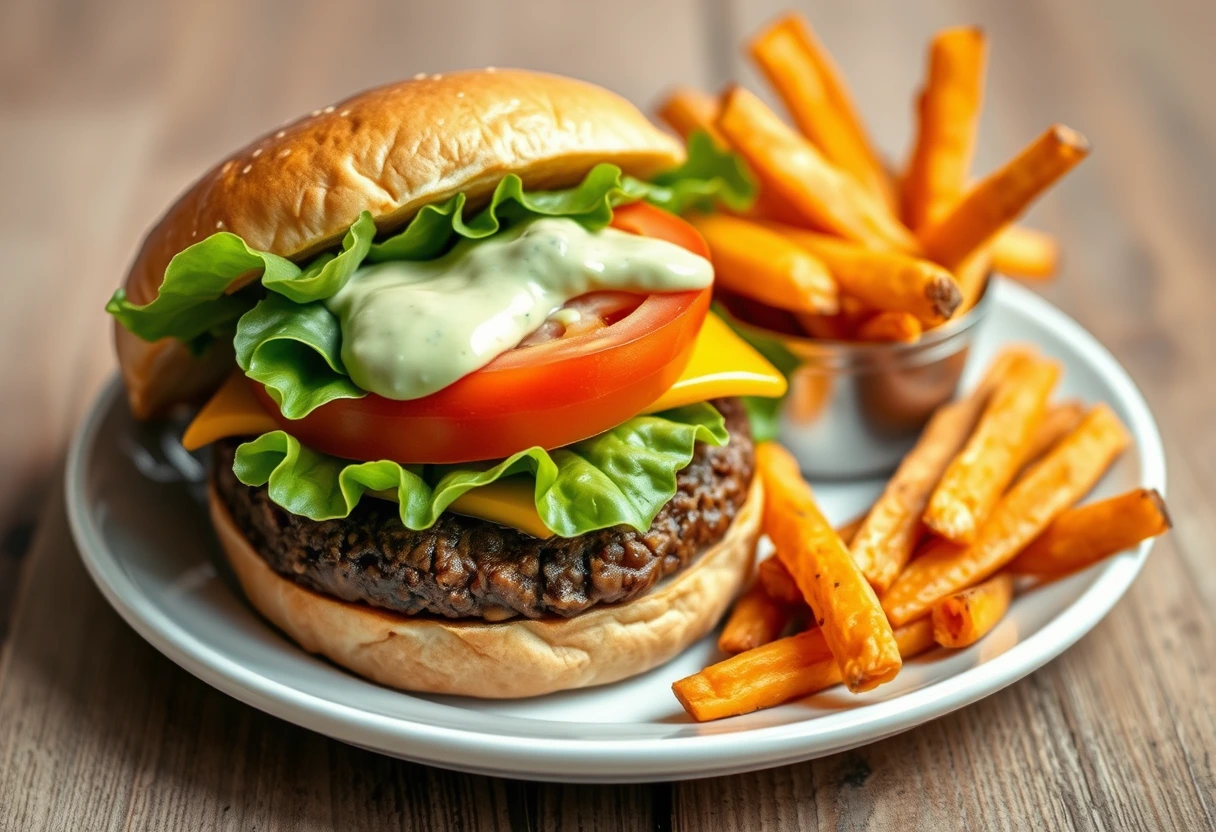 A close-up of a plate with a colorful kid-friendly vegetarian meal, possibly a black bean burger with vibrant toppings and sweet potato fries on the side, presented attractively to appeal to children.