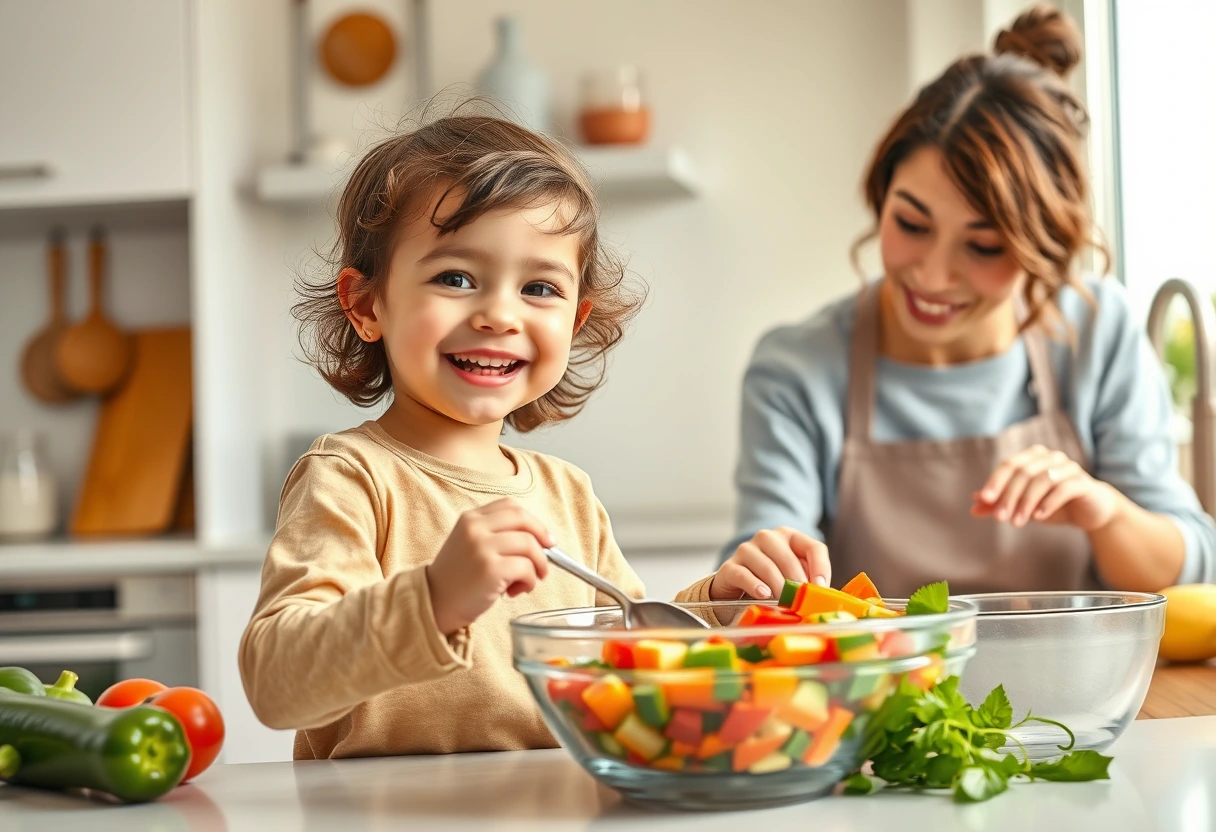 A joyful young child helping a mom prepare a kid-friendly vegetarian meal in a bright kitchen, perhaps stirring ingredients or adding vegetables to a bowl, emphasizing the fun and educational aspect of cooking together.