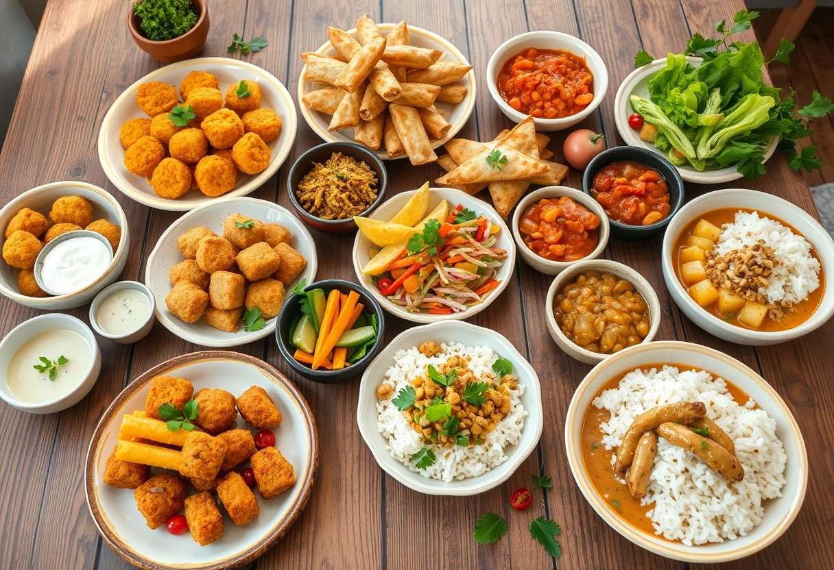 A diverse spread of kid-friendly vegetarian meals with global influences, perhaps including mini falafel, veggie spring rolls, and a mild lentil curry, presented appealingly on a large table for a family gathering.