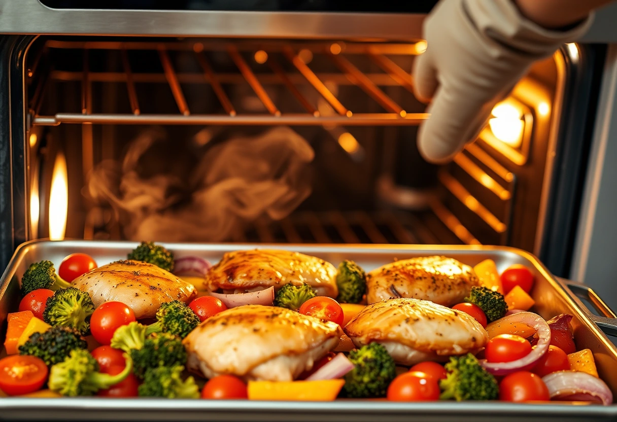 A busy mother smiling as she pulls a sheet pan of roasted chicken and vegetables out of the oven, exemplifying easy last-minute dinners perfect for busy family nights.