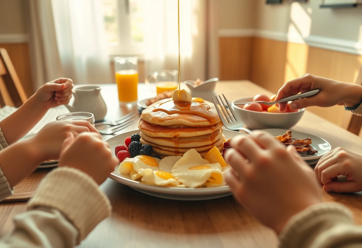 A family enjoying a breakfast-for-dinner spread with pancakes, eggs, and fruit, illustrating fun and quick last-minute dinners perfect for busy family nights.