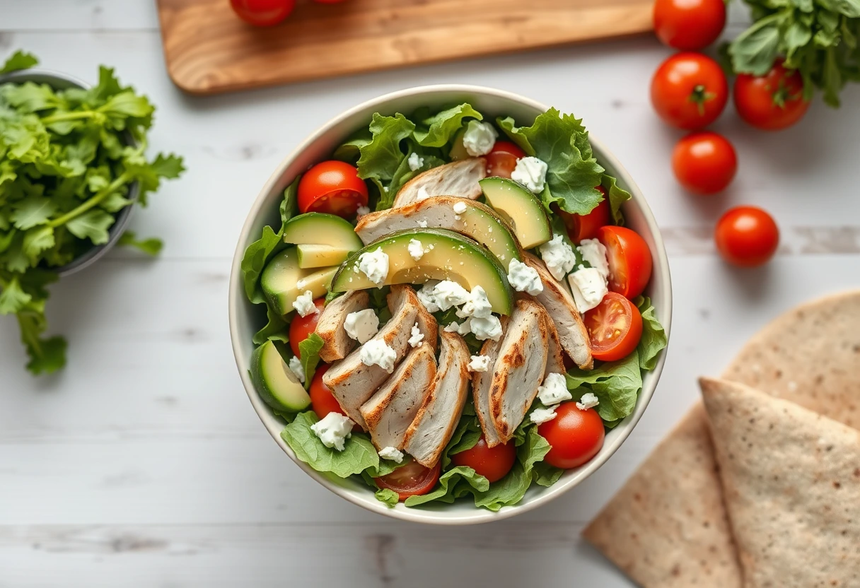 A vibrant, fresh salad with pre-cooked chicken and a variety of colorful vegetables, symbolizing healthy and quick no-cook last-minute dinners perfect for busy family nights.