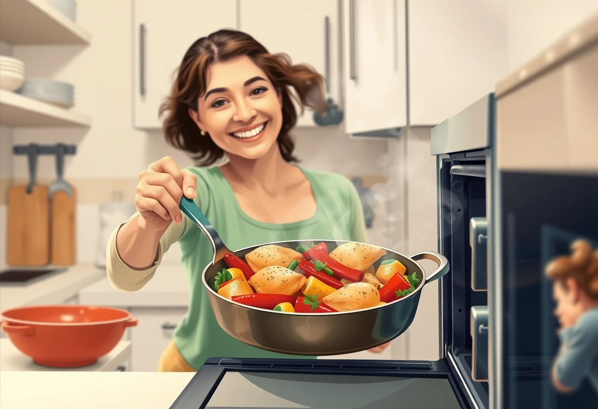 A busy mother smiling while effortlessly pulling a vibrant, cooked one-pan chicken and vegetable dish out of the oven. The kitchen is clean and organized, suggesting stress-free cooking with minimal effort, maximum flavor dishes.