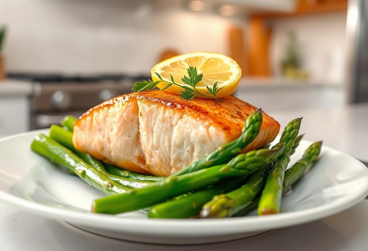 A quick 30-minute salmon and asparagus dish plated beautifully, steaming gently, in a modern, uncluttered kitchen. The focus is on nutritious options, demonstrating maximum flavor with minimal effort.