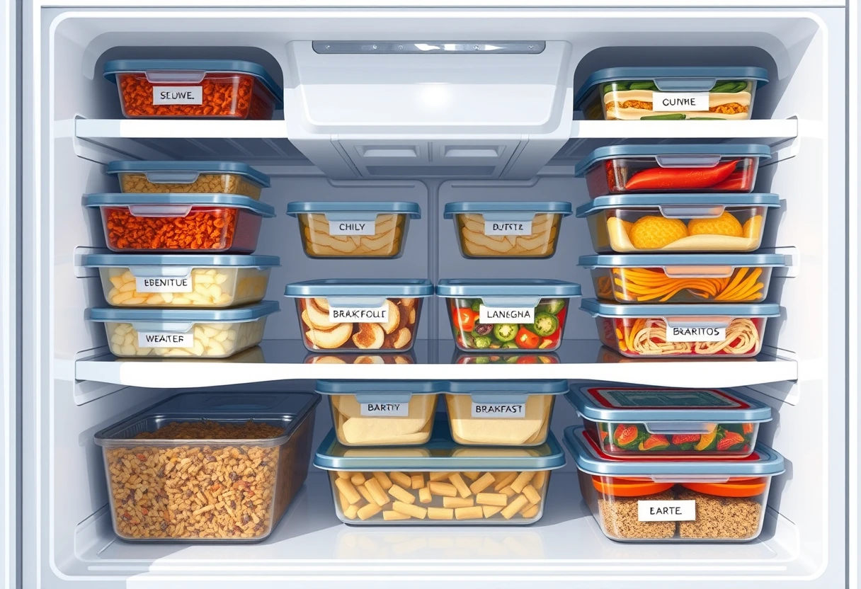 A organized freezer full of neatly labeled containers with pre-prepped meals like chili and lasagna, indicating efficient meal prep for time-saving meals. This visual represents a successful approach to stress-free cooking.