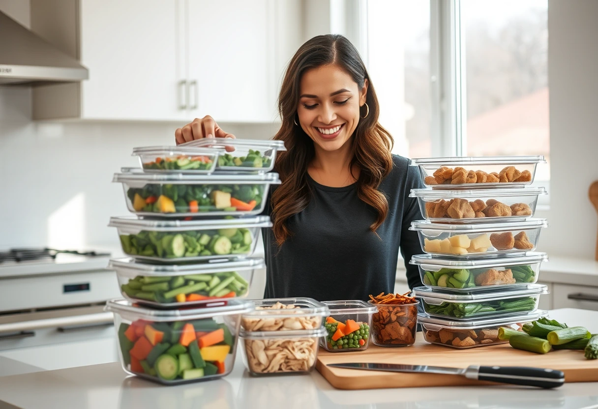 A busy mom smiling while organizing meal prep containers in a brightly lit kitchen, demonstrating a successful approach to healthy eating solutions.