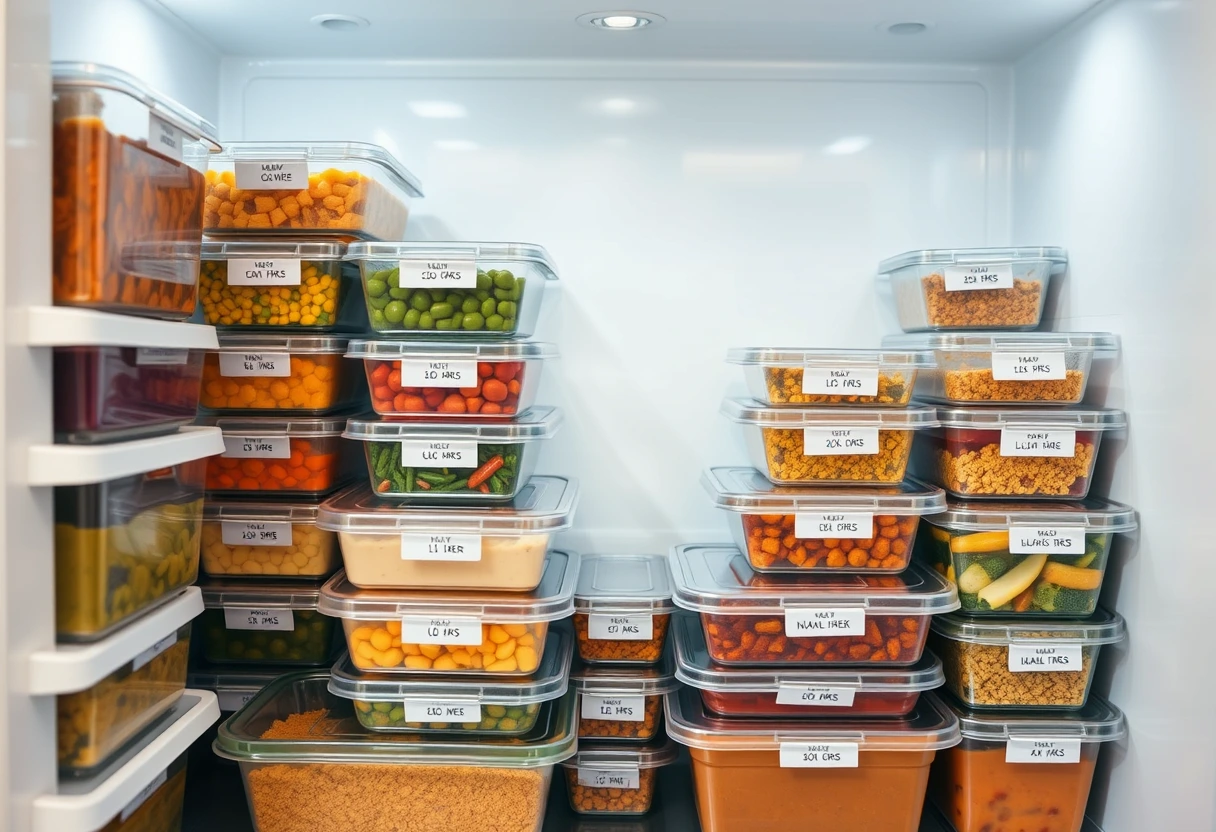 A collection of diverse, neatly labeled freezer-friendly meal containers stacked in a freezer, showcasing an organized approach to making meal prep for busy moms easier.
