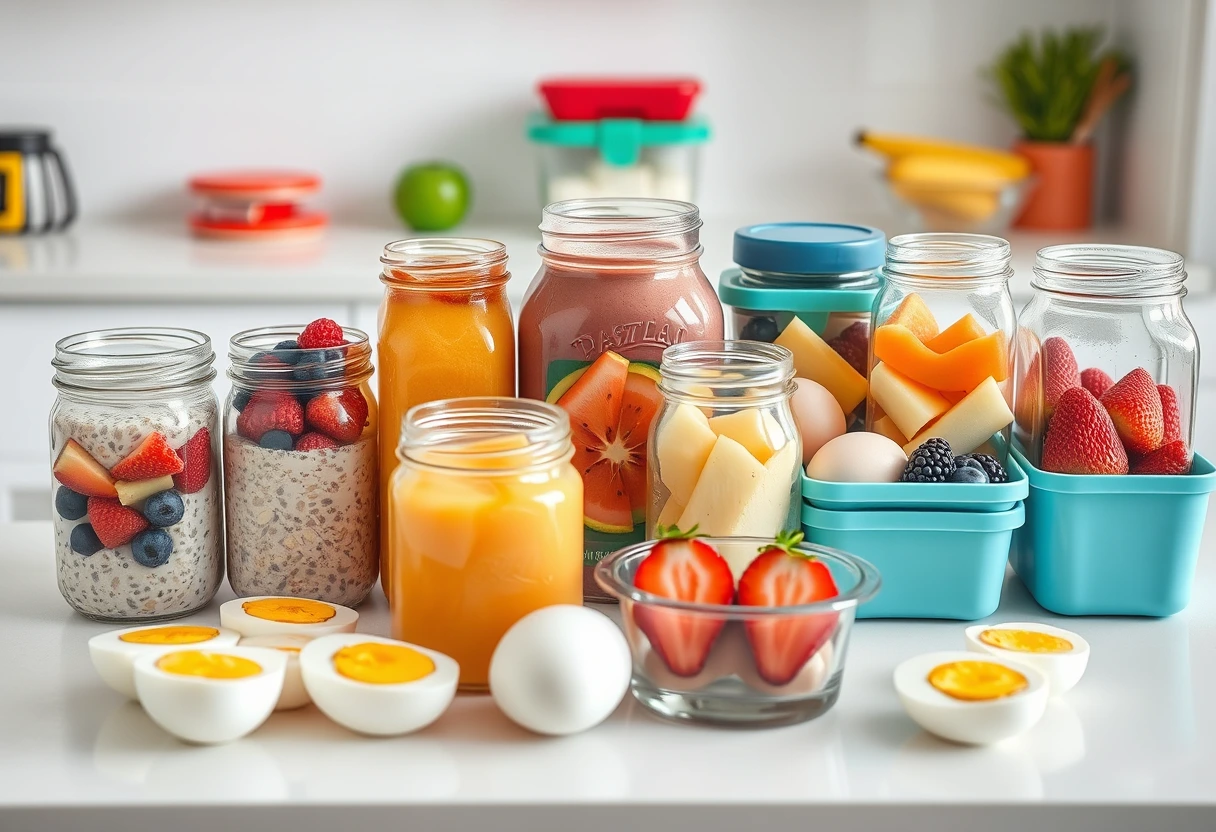 A variety of colorful, pre-portioned breakfast jars and containers neatly arranged on a kitchen counter, ready for grab-and-go mornings for busy moms.