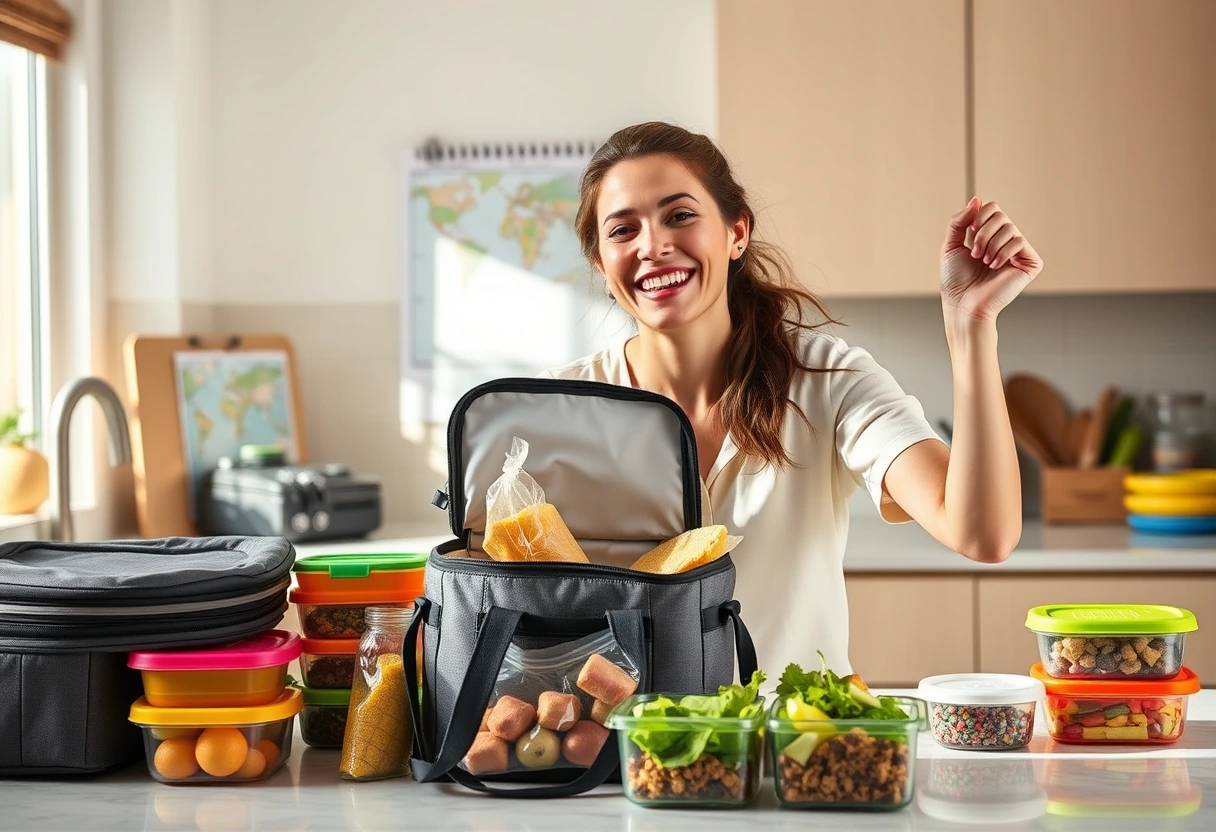 A busy mom happily packing pre-made make-ahead vacation meals into a cooler bag in a bright kitchen, with a calendar marked for a trip nearby.