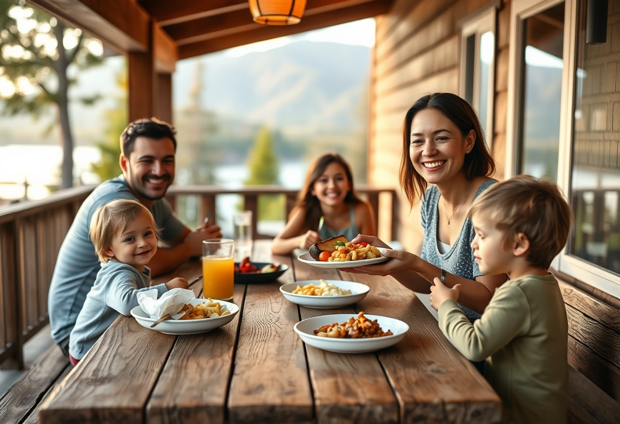A family enjoying a make-ahead vacation meal together at a picnic table outdoors, with a mom smiling, holding a plate of food, showing relaxation and happiness.