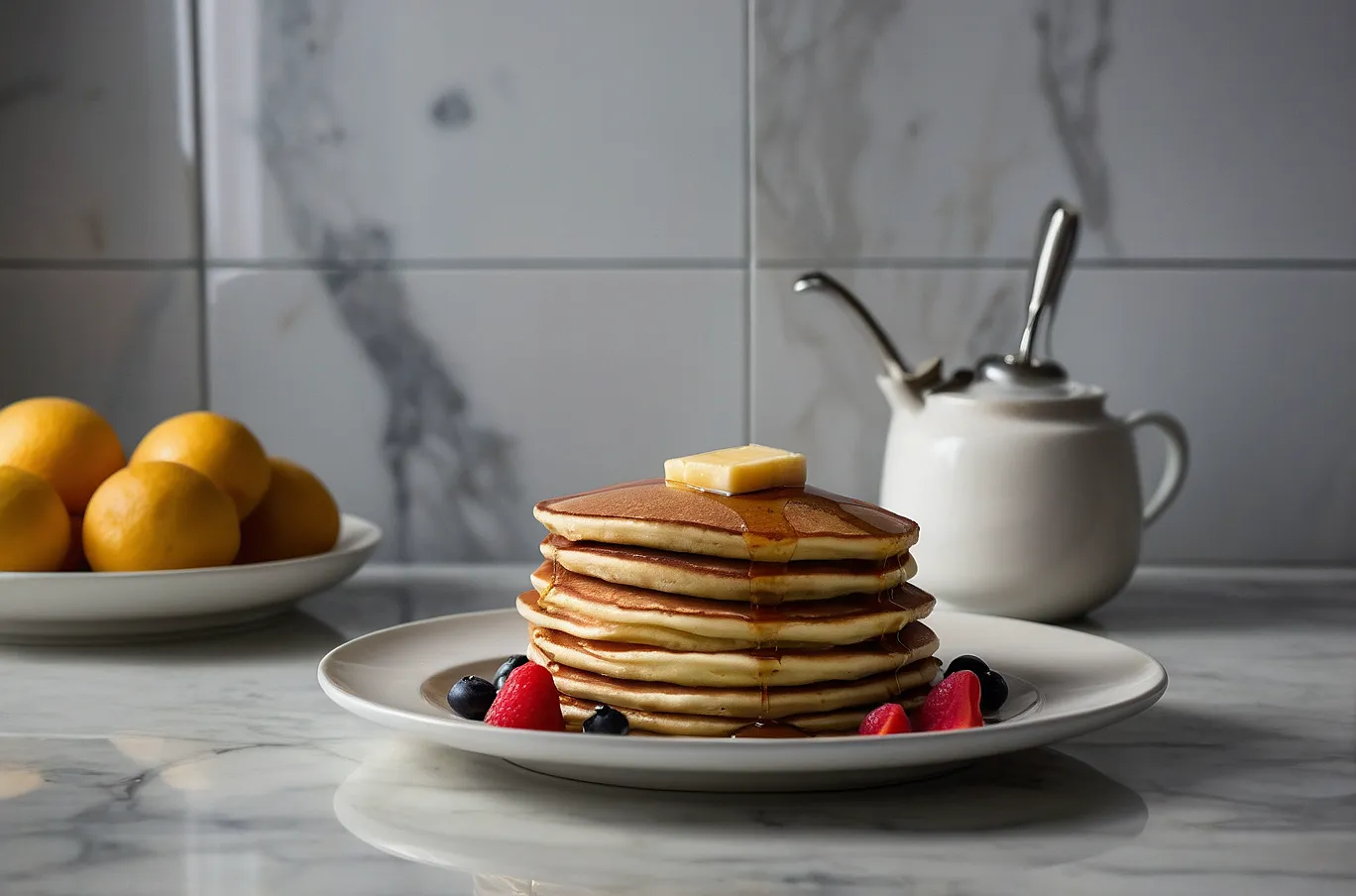 Pancakes stacked high, soft and fluffy with a hint of sweetness.