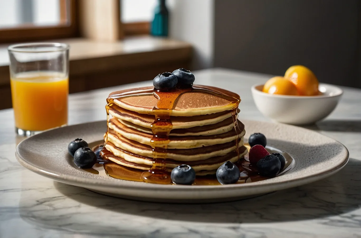 Pancakes stacked high, soft and fluffy with a hint of sweetness.