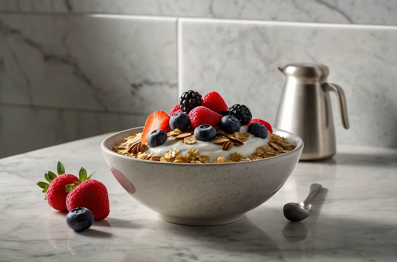 Bowl of muesli with oats, yogurt, and fresh fruit — a wholesome start to the day.