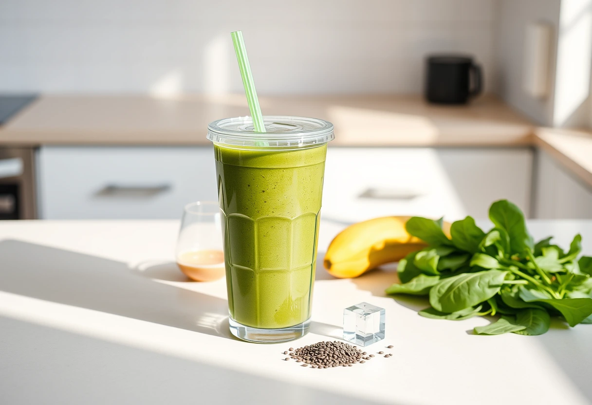 A vibrant green smoothie in a travel cup with a straw, surrounded by fresh ingredients like spinach, banana, and chia seeds on a kitchen counter, ready for a busy mom.