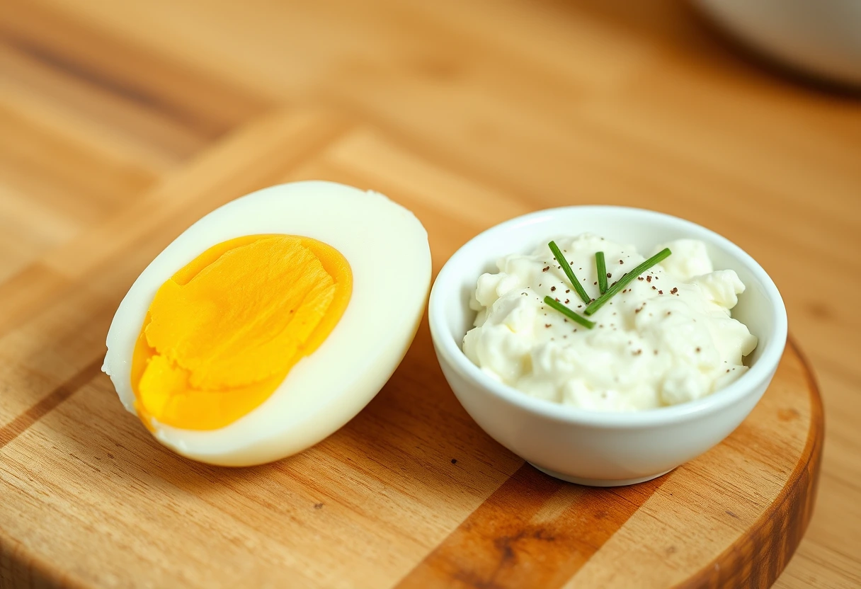 A neatly peeled hard-boiled egg cut in half next to a bowl of cottage cheese, garnished with chives and black pepper, ready for a quick breakfast.
