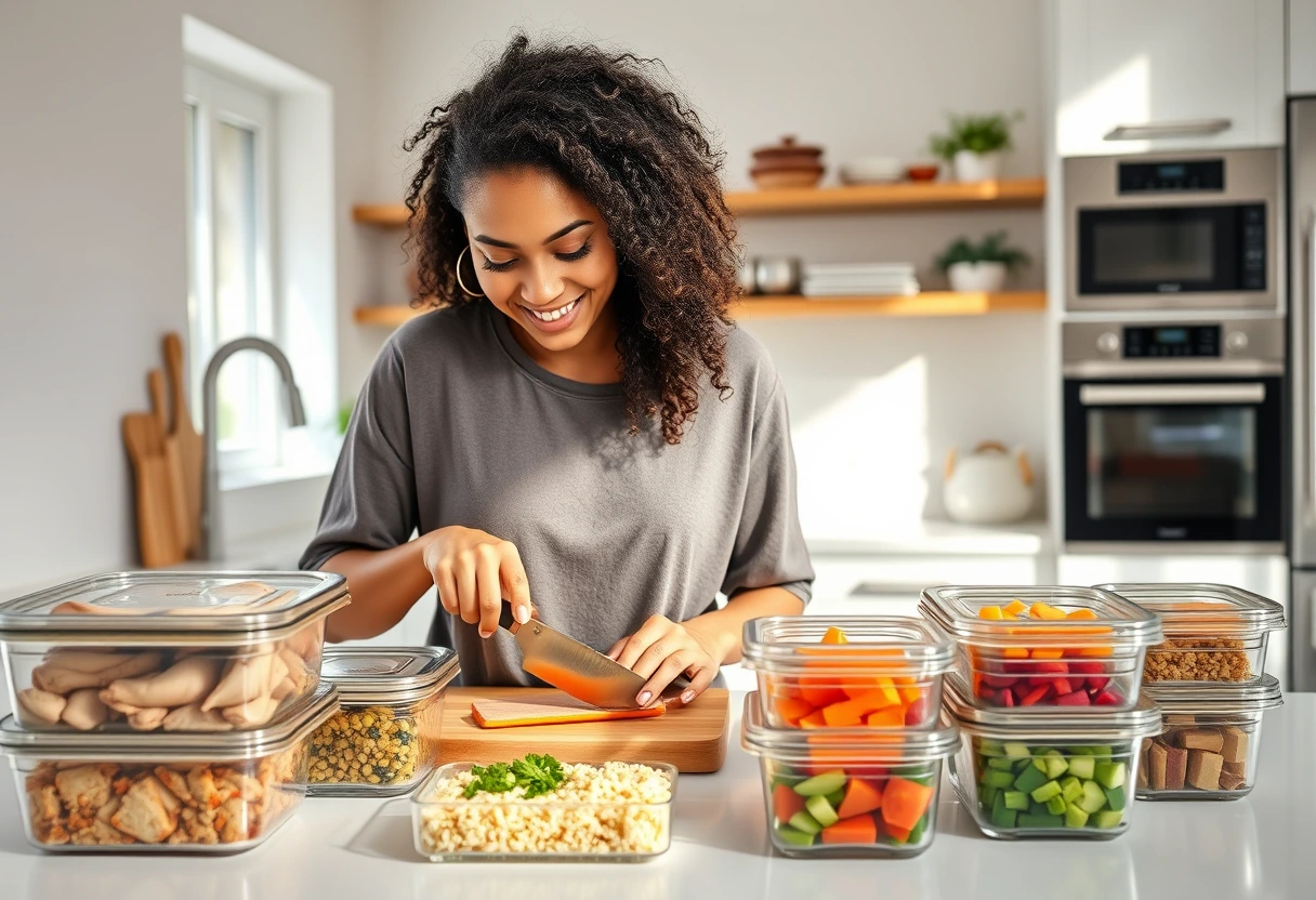 A busy mother efficiently meal prepping in a clean, organized kitchen, surrounded by pre-chopped vegetables and cooked proteins in containers. The image conveys an atmosphere of calm and productivity.