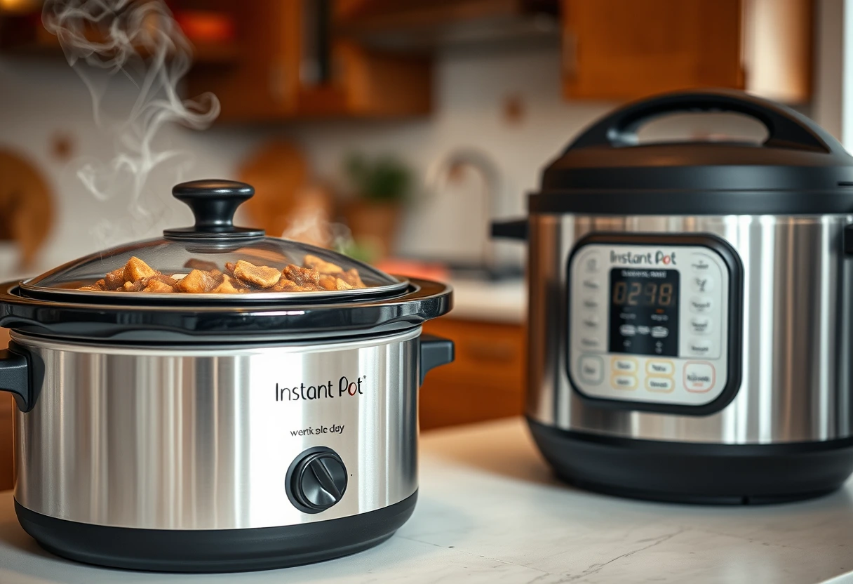 A slow cooker bubbling with a delicious, aromatic stew and an Instant Pot next to it, indicating easy, hands-off cooking for busy family evenings. The scene is warm and inviting.