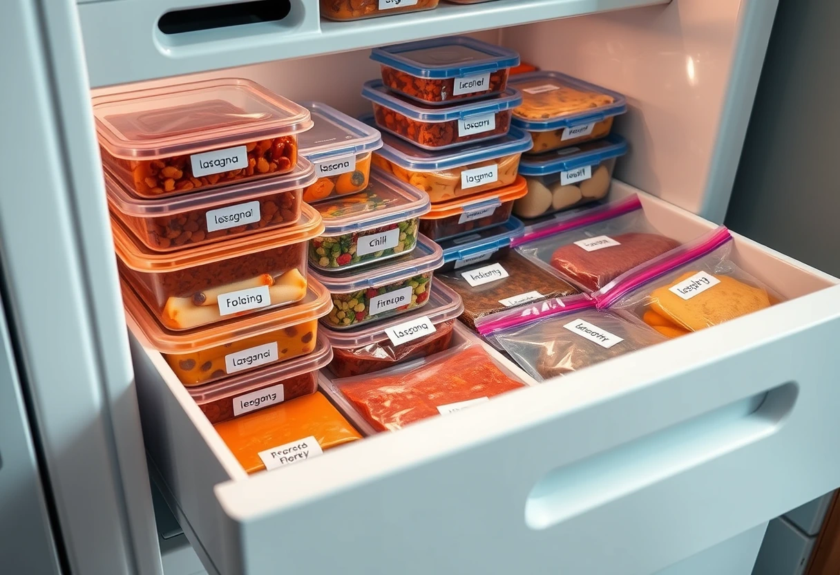 A freezer stocked with various neatly labeled containers and bags of homemade freezer meals, showcasing efficient batch cooking for busy family dinners. The image emphasizes organization and convenience.