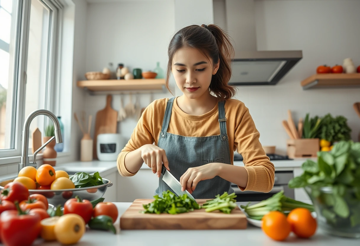 A busy young mother quickly preparing nutritious family dinners in under 30 minutes, surrounded by fresh ingredients in a clean, modern kitchen.