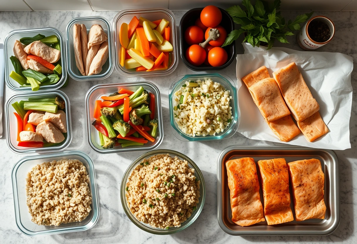 A variety of colorful, healthy family meals prepared and ready to eat, showcasing diverse ingredients and a clean presentation, emphasizing quick and balanced nutrition.