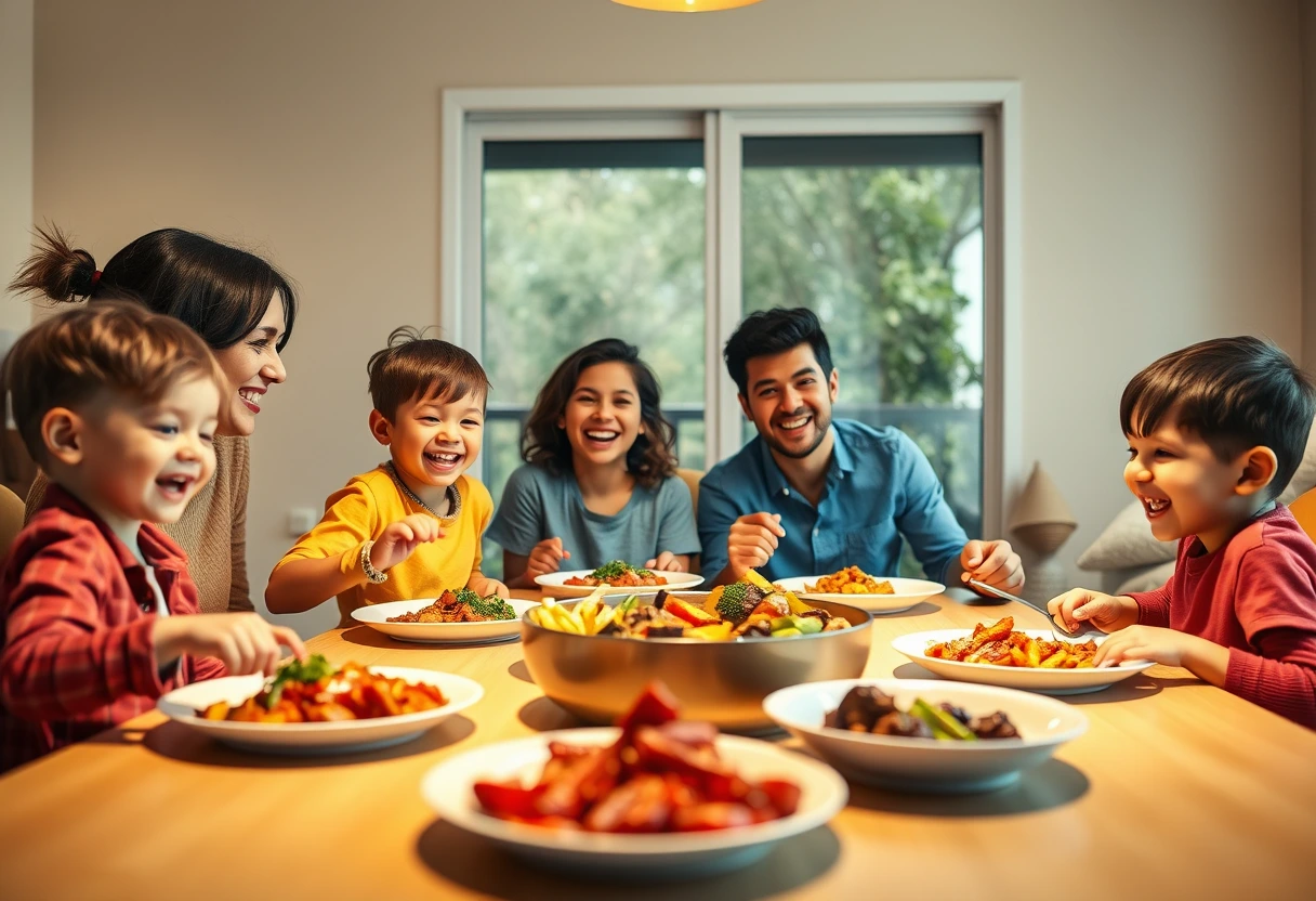 A smiling young mother and her happy children enjoying nutritious family dinners in under 30 minutes at a brightly lit dining table, emphasizing a joyful family mealtime.