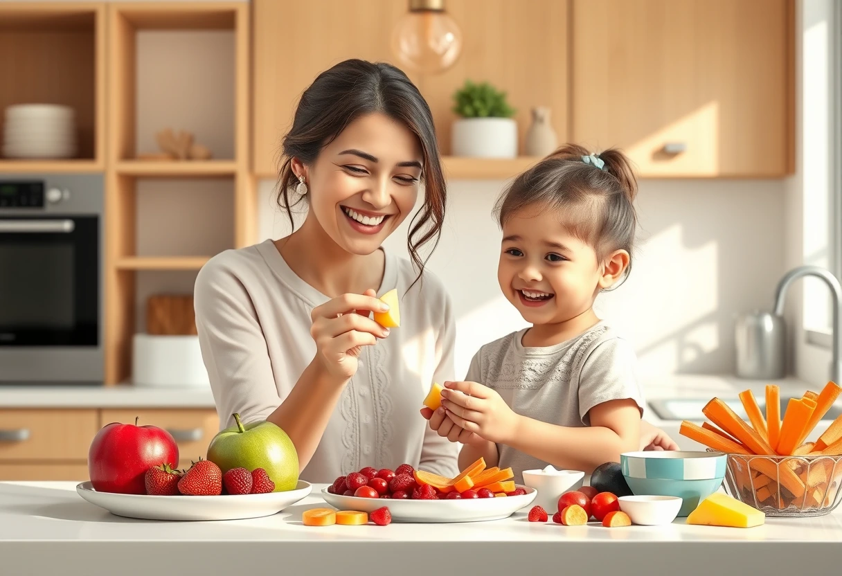 A smiling young mother and her child enjoying quick snack ideas for kids together in a brightly lit kitchen. They are surrounded by fresh fruits and vegetables.