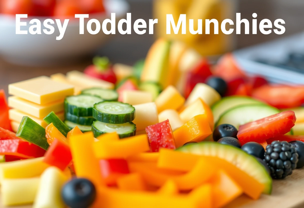 A vibrant selection of easy toddler munchies arranged attractively on a platter, featuring cheese sticks, cut vegetables, and fruit slices.