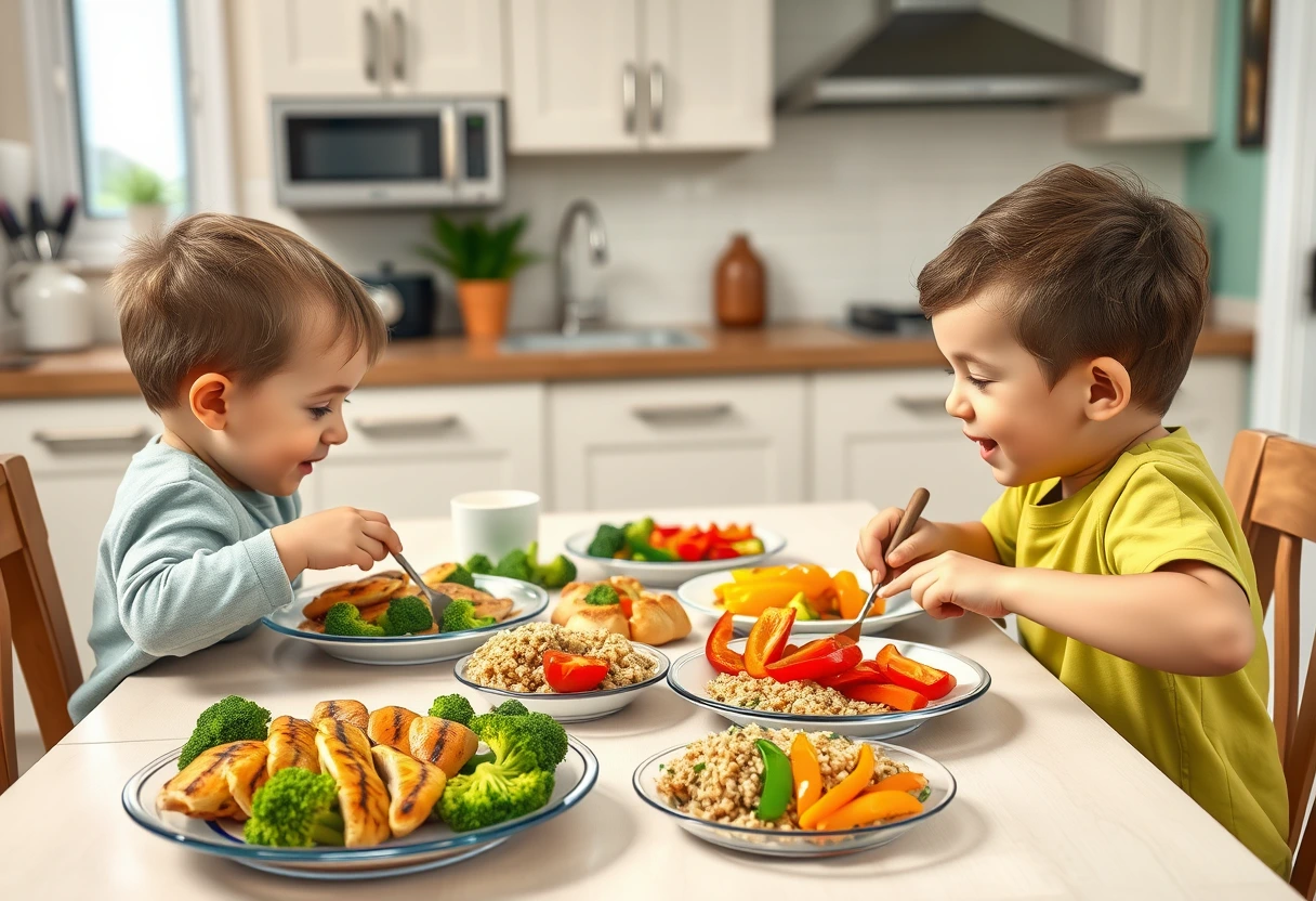 A busy mother and her two young children enjoying a colorful, well-balanced family dinner at a kitchen table, showcasing a variety of healthy foods. Nutritious Family Meals