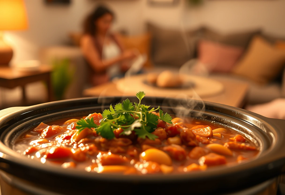 A vibrant slow cooker filled with a hearty, simmering stew, surrounded by fresh vegetables and herbs, ready to be served. This image represents the convenience and warmth of nutritious weeknight meals the whole family will enjoy.