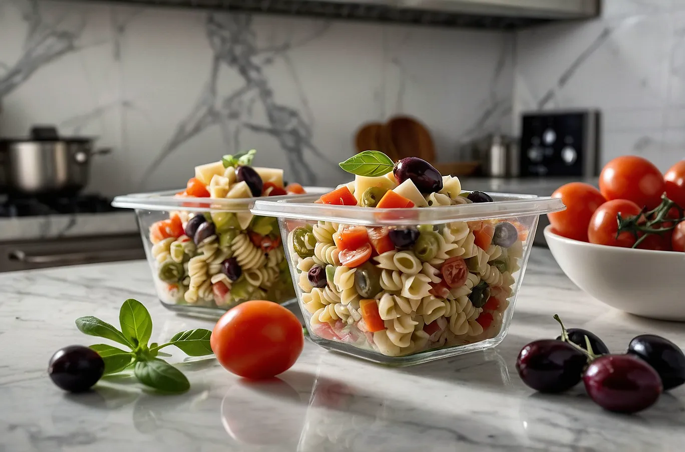 Fresh pasta salad with juicy tomatoes and briny olives.