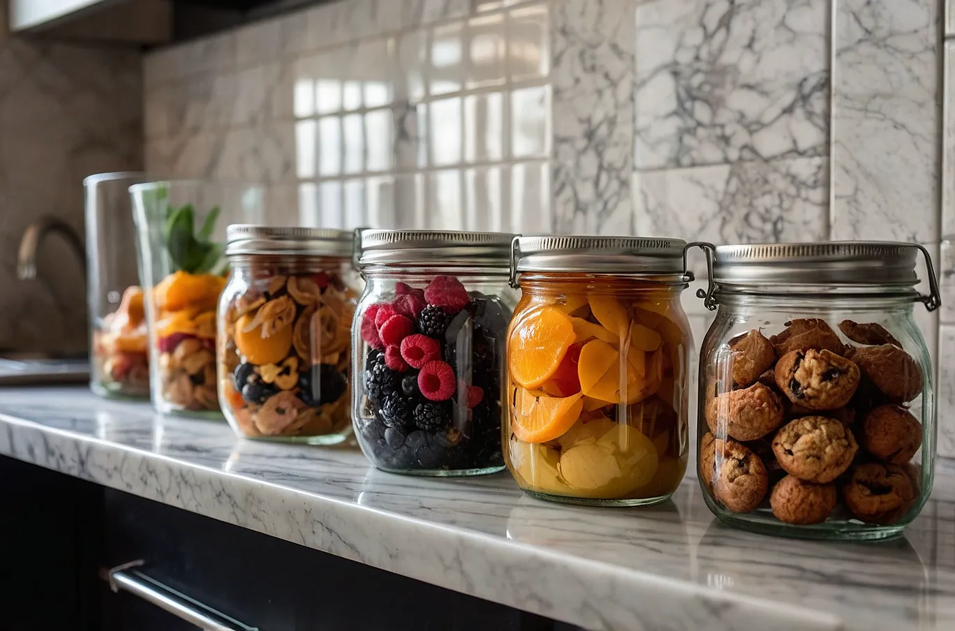 Mason jars and containers filled with dried fruits, oats, granola, muffins, and more snacks.
