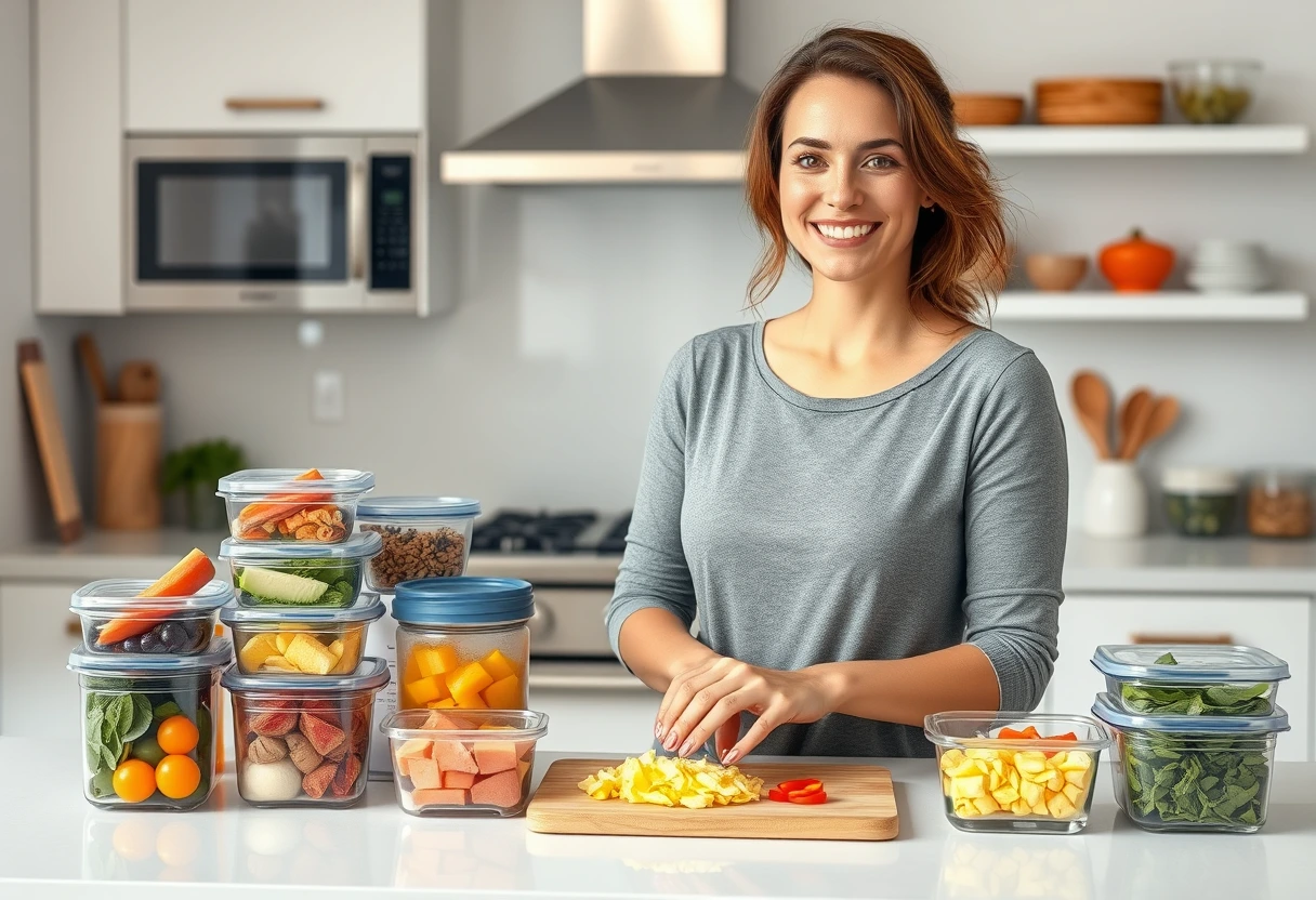 A busy mom smiling while organizing colorful, pre-prepped containers of ingredients for a week of easy family dinners for busy moms in a clean, modern kitchen.
