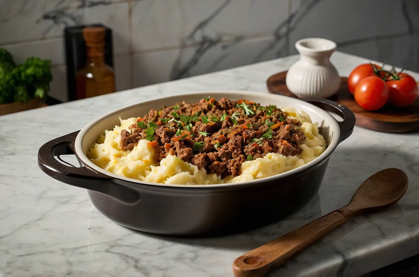 Shepherd’s Pie filled with golden mashed potatoes layered over savory ground meat and vegetables.