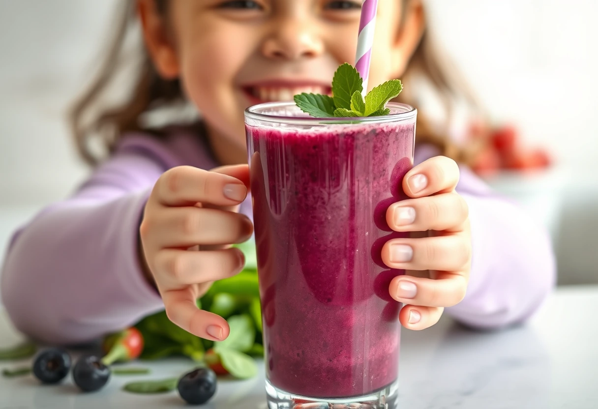 A child happily sipping a vibrant berry smoothie from a reusable straw, with fresh berries and spinach in the background. It represents a quick and easy breakfast recipe kids will devour.
