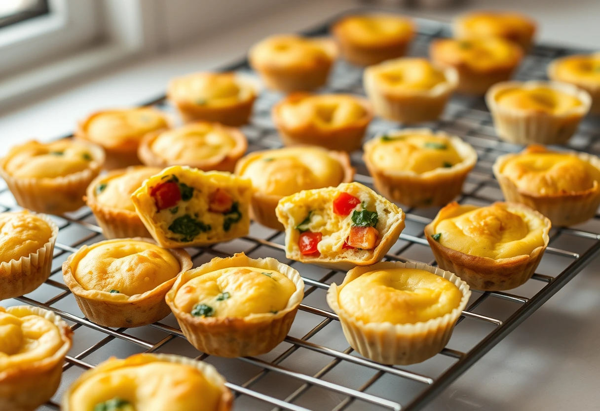A tray of mini egg muffins filled with colorful vegetables, cooling on a wire rack. It signifies how a quick and easy breakfast recipe kids will devour can be made ahead.