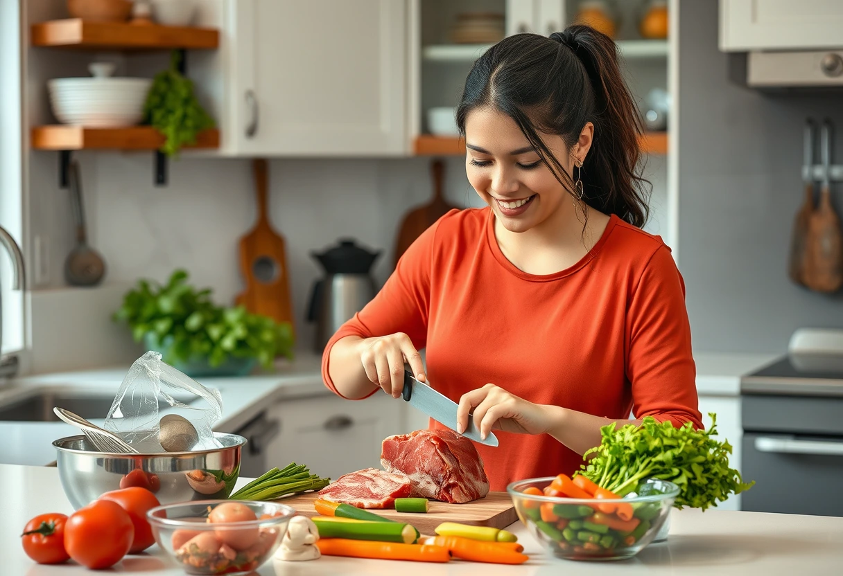 A busy mom quickly prepping ingredients for quick and easy family BBQ recipes, using smart time-saving techniques and efficient tools in a clean, modern kitchen.