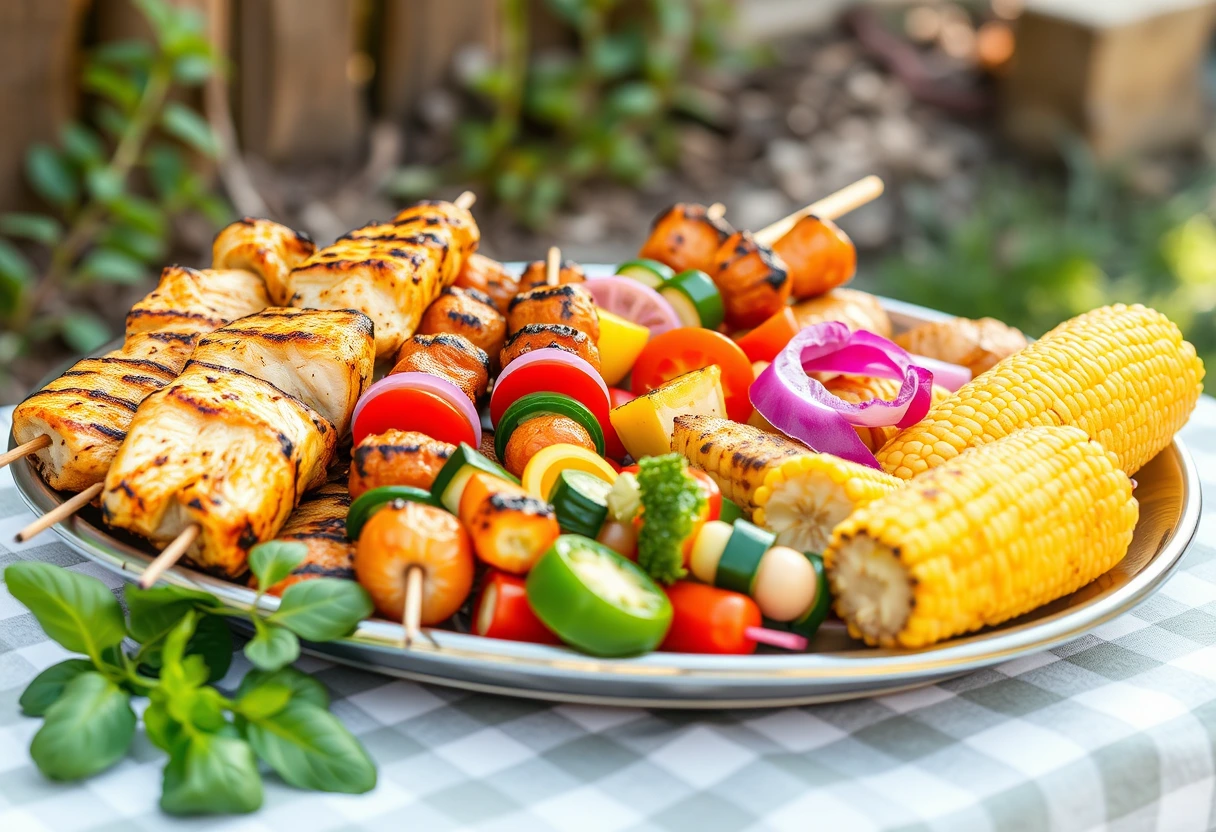 A vibrant assortment of easy family BBQ recipes, featuring grilled chicken skewers, colorful vegetable skewers, and grilled corn on the cob, ready for a relaxed family meal.