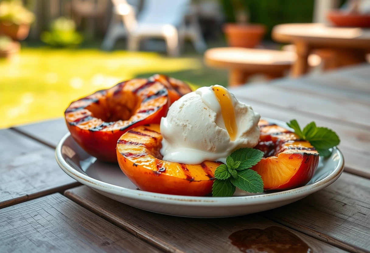 A delicious and easy family BBQ recipe dessert: grilled peaches served with a scoop of vanilla ice cream and a sprinkle of mint, against a blurry backyard backdrop.