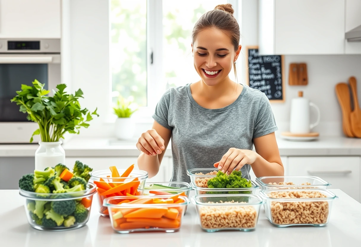 A young mother smiling while organizing pre-cut vegetables and cooked grains in meal prep containers in a clean, modern kitchen. This image perfectly illustrates quick and easy family dinners for your busiest evenings with smart planning.
