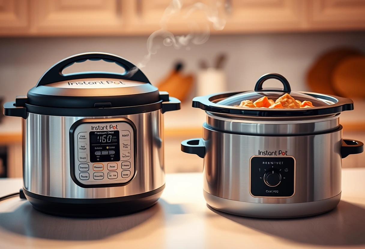 A pressure cooker and a slow cooker side-by-side on a kitchen counter, with steam gently rising from the Instant Pot. The scene conveys the convenience of appliances for quick and easy family dinners for your busiest evenings.