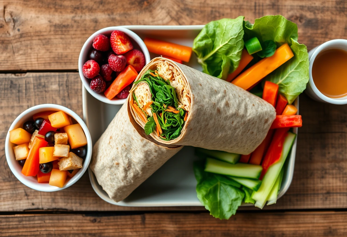 A close-up shot of a vibrant, healthy lunch featuring a wrap, cut fruit, and veggie sticks, illustrating quick and easy family lunches for busy days.